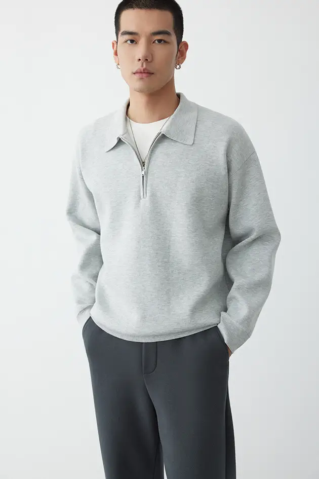 Gray Knit Polo Collar Men's Top 2023 Winter — feature 13