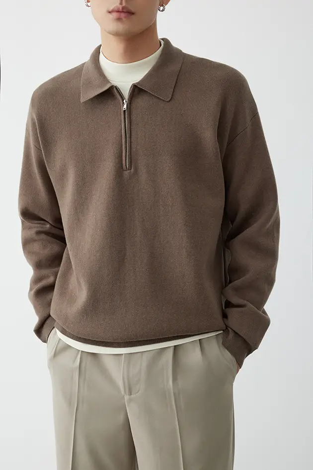 Gray Knit Polo Collar Men's Top 2023 Winter — feature 5