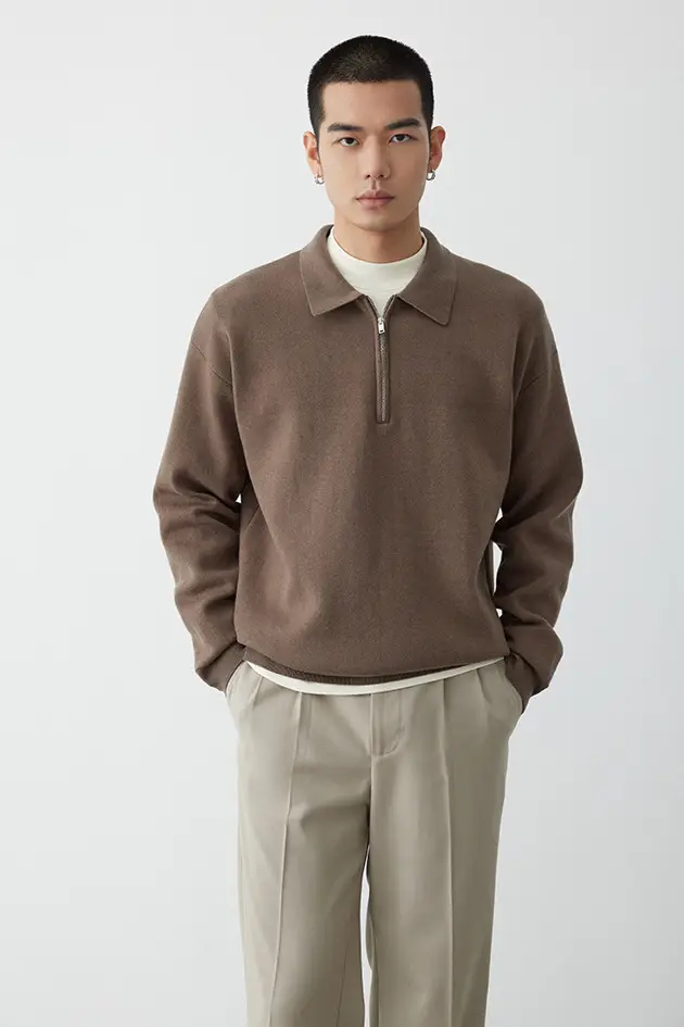 Gray Knit Polo Collar Men's Top 2023 Winter — feature 7
