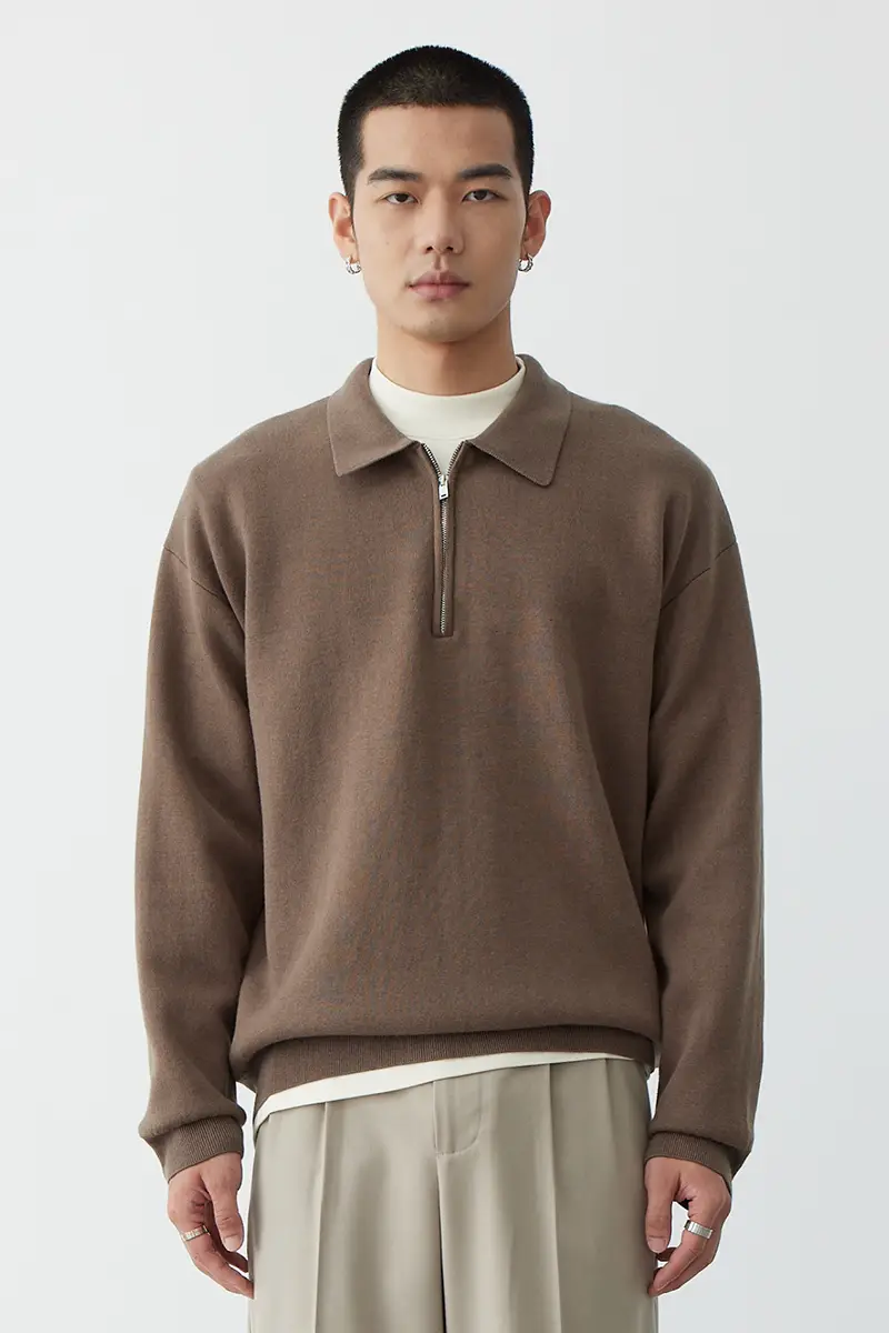 Gray Knit Polo Collar Men's Top 2023 Winter - Image 2