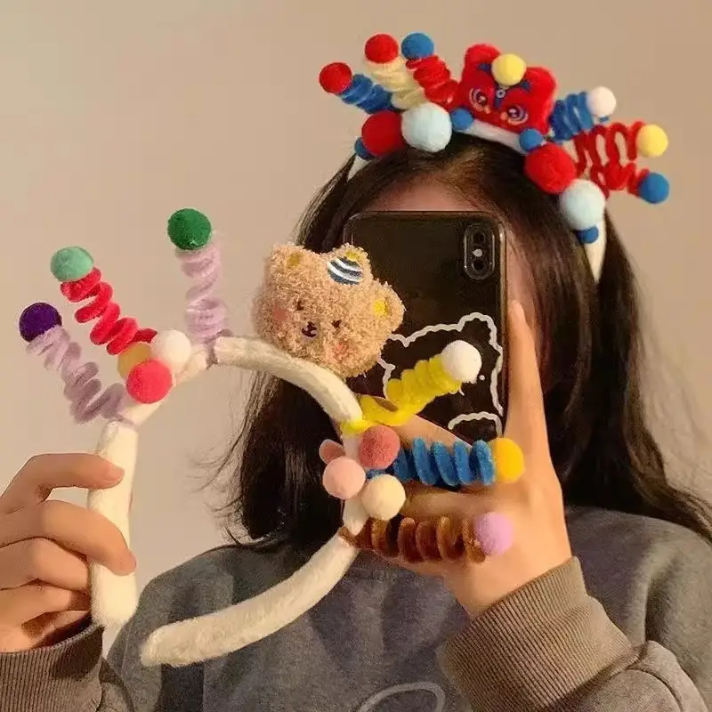Plush Bear Headband with Colorful Pom Pom Decor