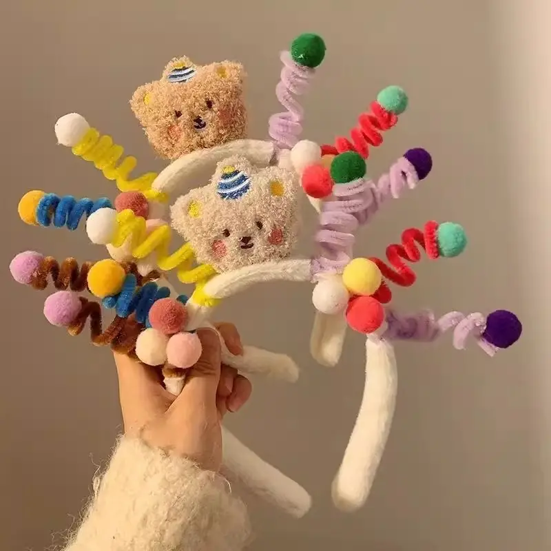 Plush Bear Headband with Colorful Pom Pom Decor