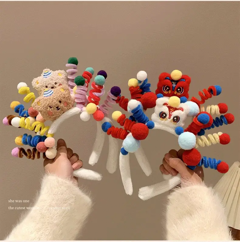 Plush Bear Headband with Colorful Pom Pom Decor — feature 10