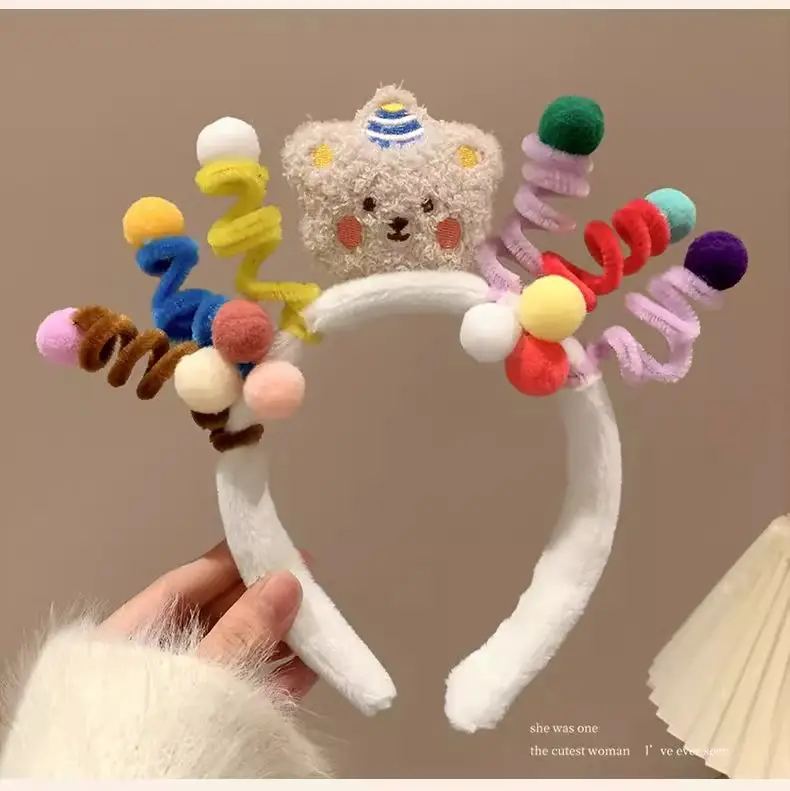 Plush Bear Headband with Colorful Pom Pom Decor — feature 11