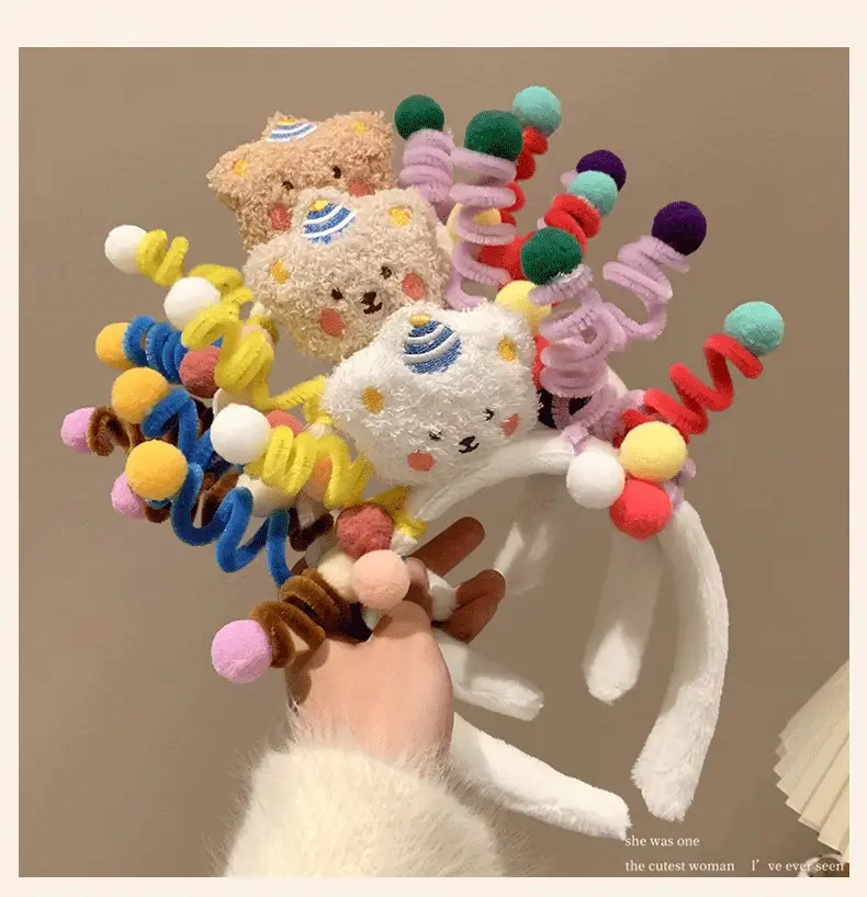 Plush Bear Headband with Colorful Pom Pom Decor — feature 2