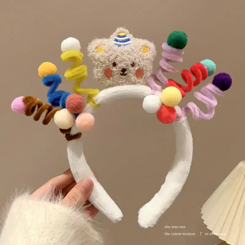 Plush Bear Headband with Colorful Pom Pom Decor