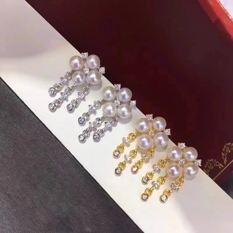S925 Pearl Earrings Four Beads Multi Beaded - Image 3