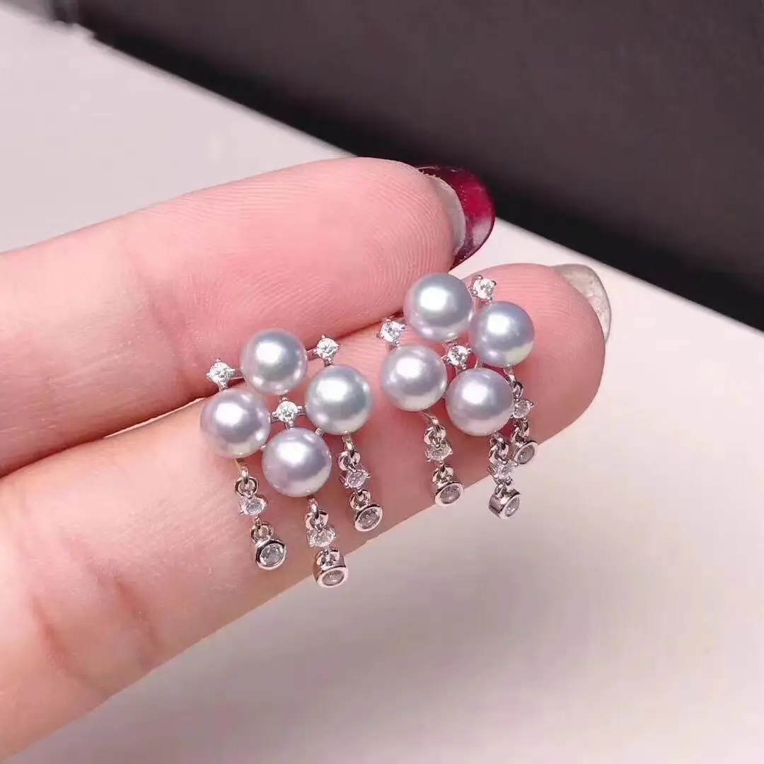S925 Pearl Earrings Four Beads Multi Beaded - Image 2