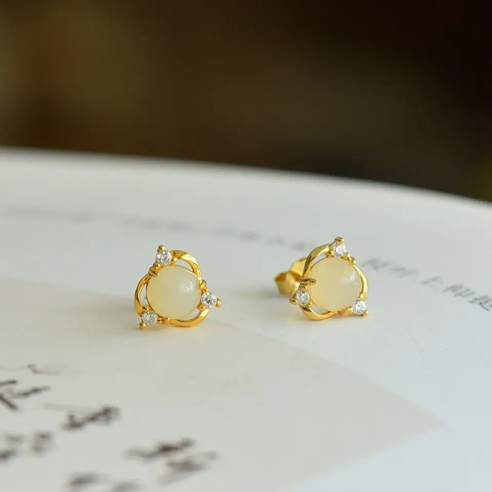 925 Silver Jade Stud Earrings White Jade - Image 3