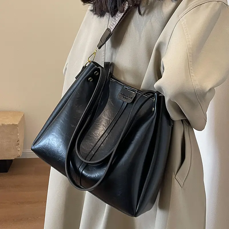 Women's Black Leather Crossbody Tote Bag Large Capacity Autumn Winter - Image 7