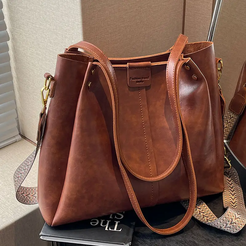 Women's Black Leather Crossbody Tote Bag Large Capacity Autumn Winter - Image 2