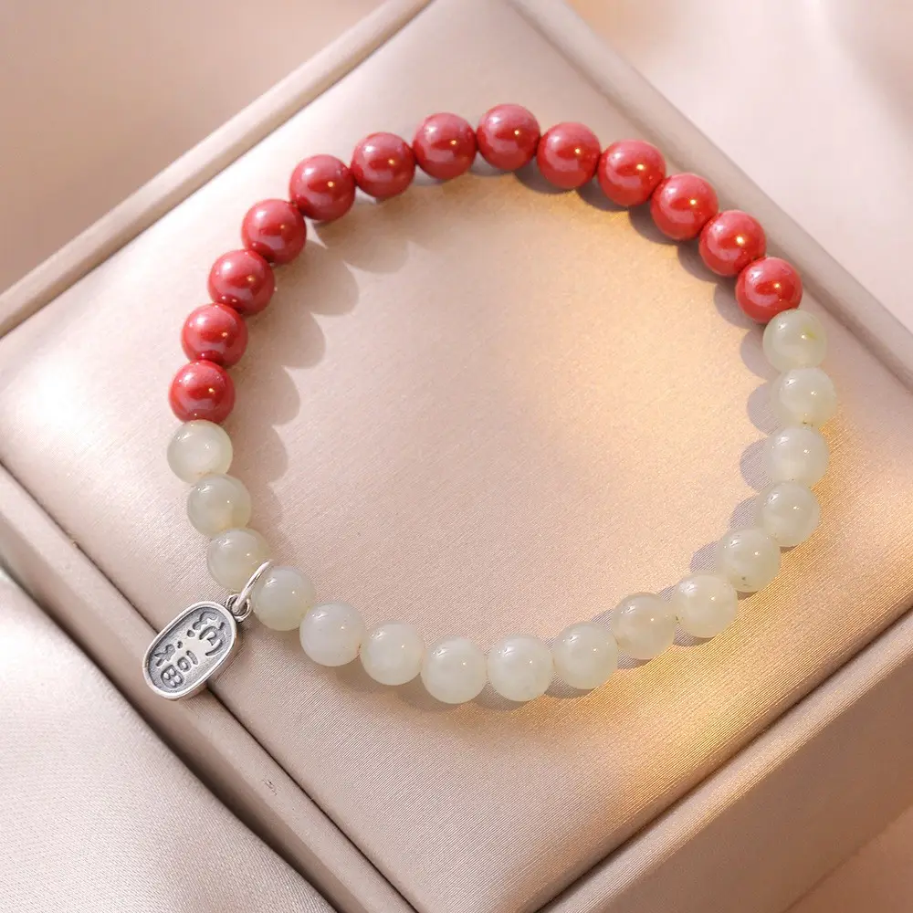 S925 Jade Bracelet Red White Japanese Korean Style - Image 4