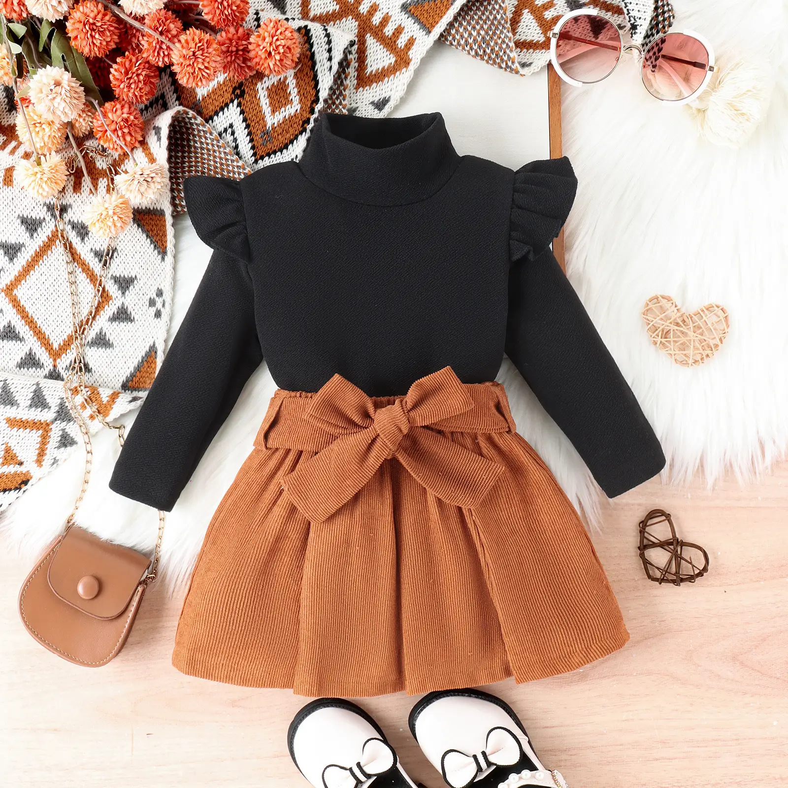 Baoxi Girls Cross-Country Sweater Skirt Set Brown Beige - Image 4