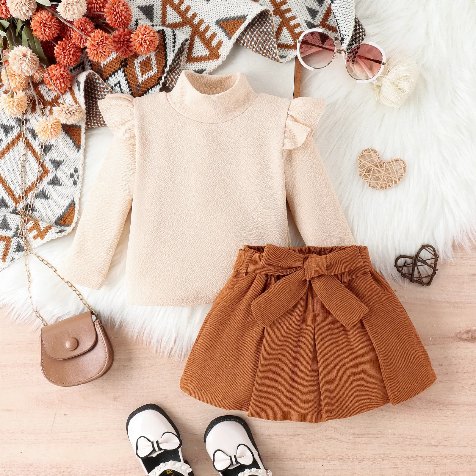Baoxi Girls Cross-Country Sweater Skirt Set Brown Beige - Image 5