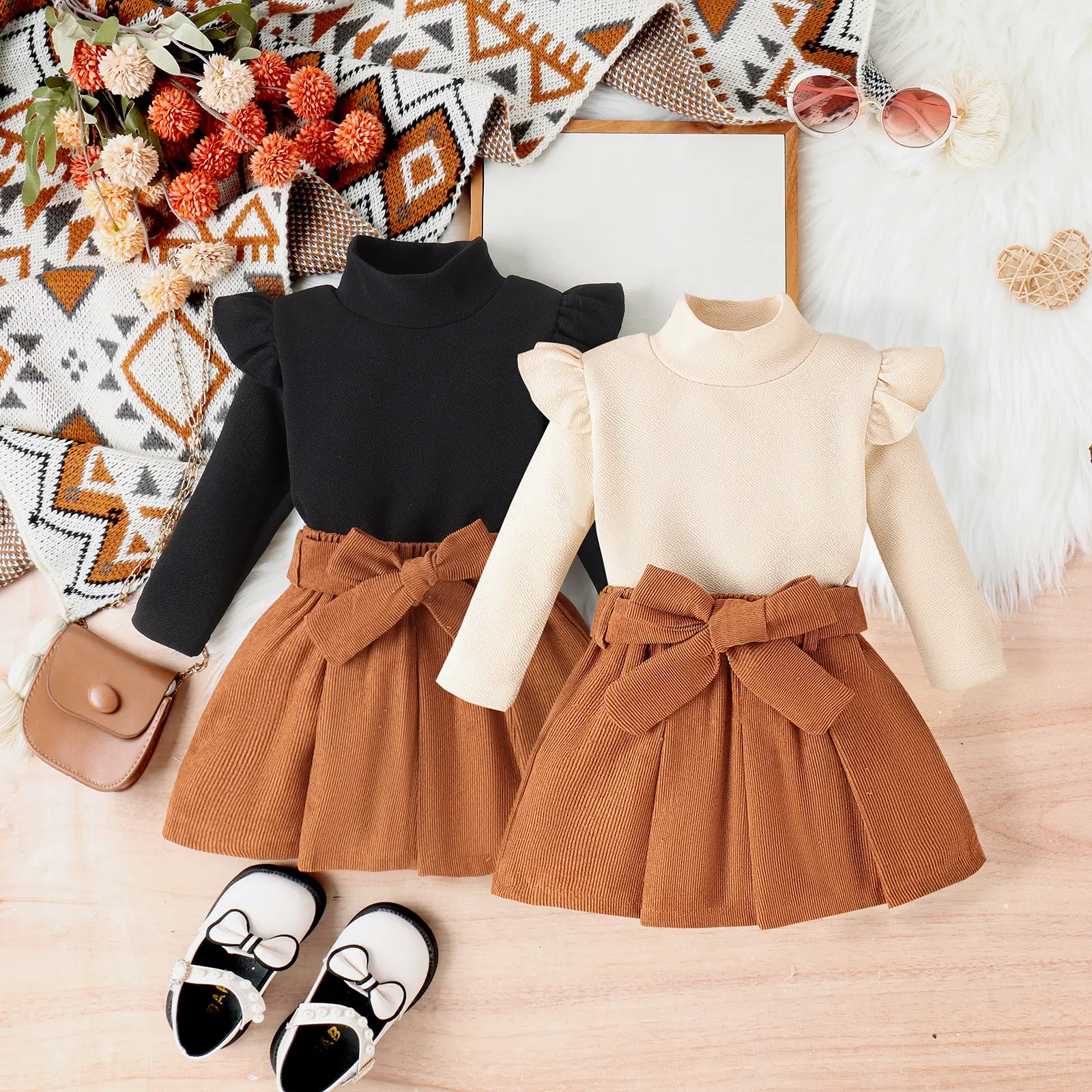 Baoxi Girls Cross-Country Sweater Skirt Set Brown Beige — feature 1