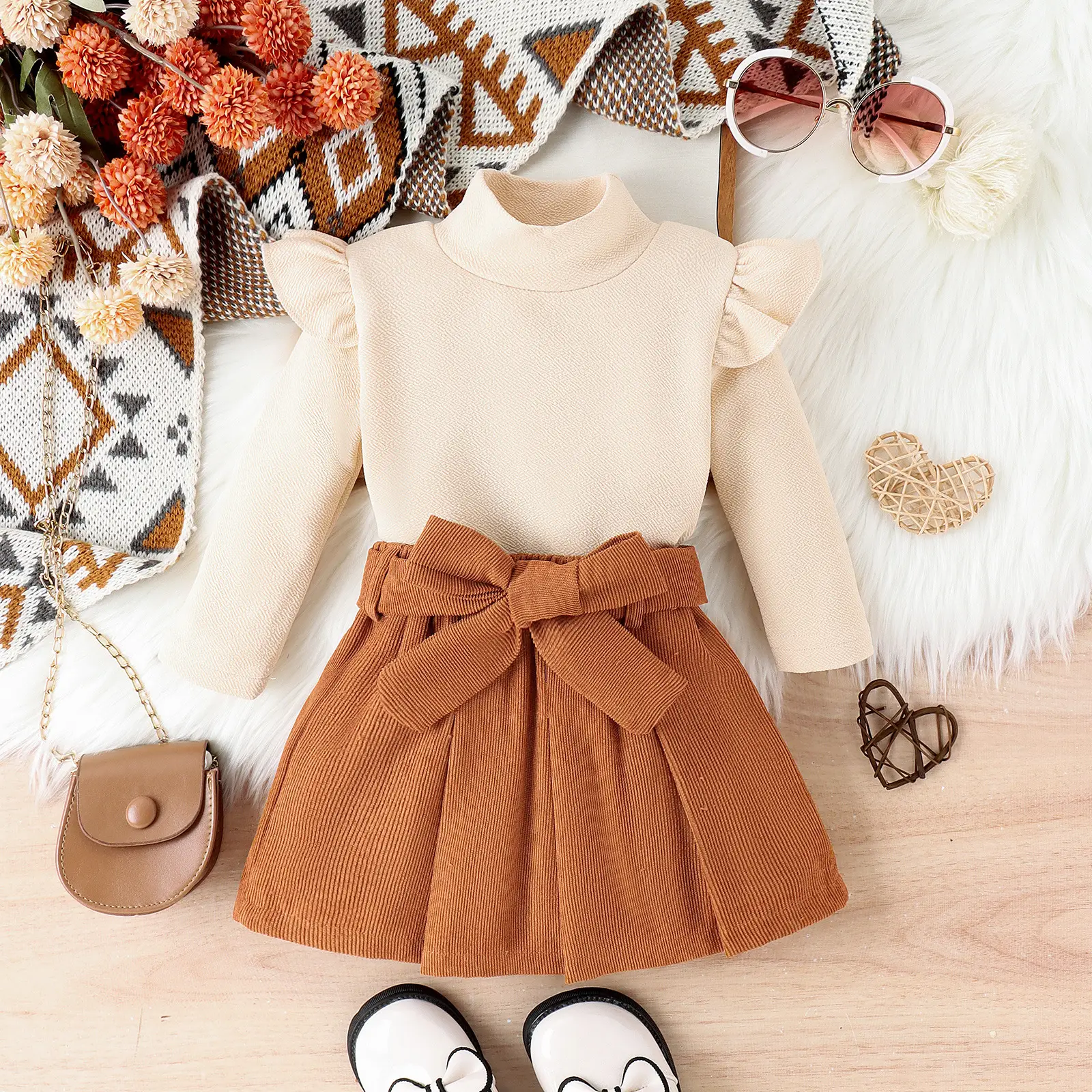 Baoxi Girls Cross-Country Sweater Skirt Set Brown Beige — feature 10