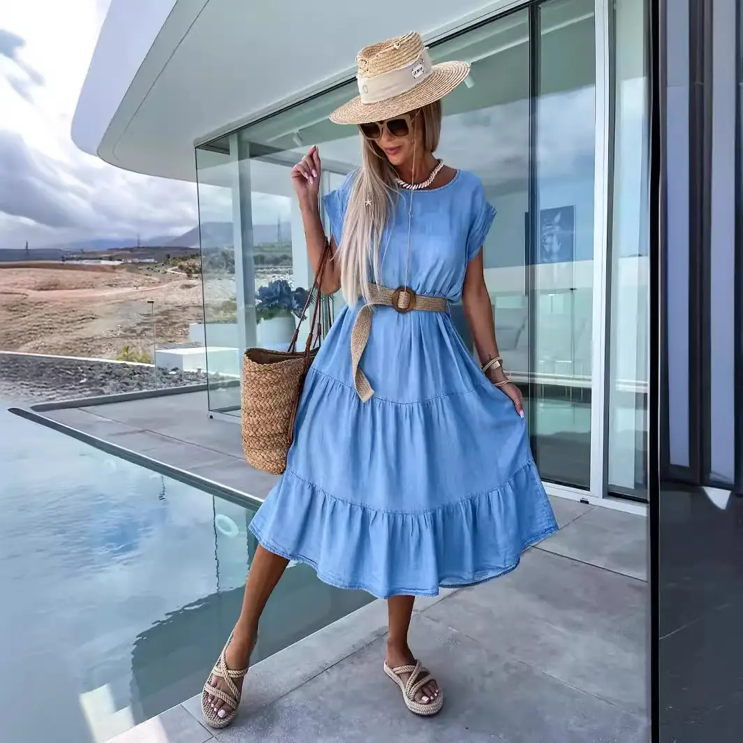 Blue Waist-Cinching Round Neck Dress for Women 2026 Spring Summer - Image 6