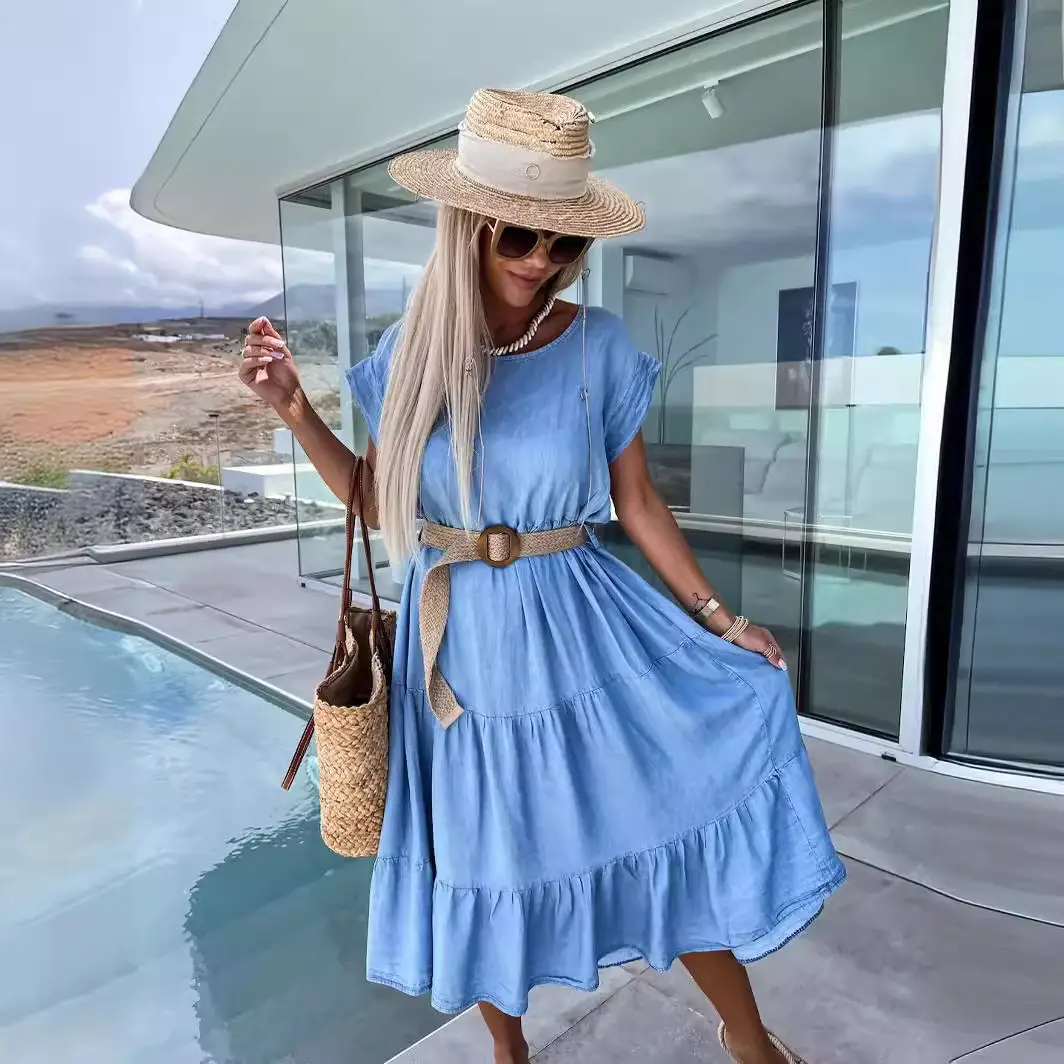 Blue Waist-Cinching Round Neck Dress for Women 2026 Spring Summer - Image 7