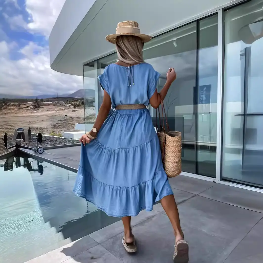 Blue Waist-Cinching Round Neck Dress for Women 2026 Spring Summer - Image 8