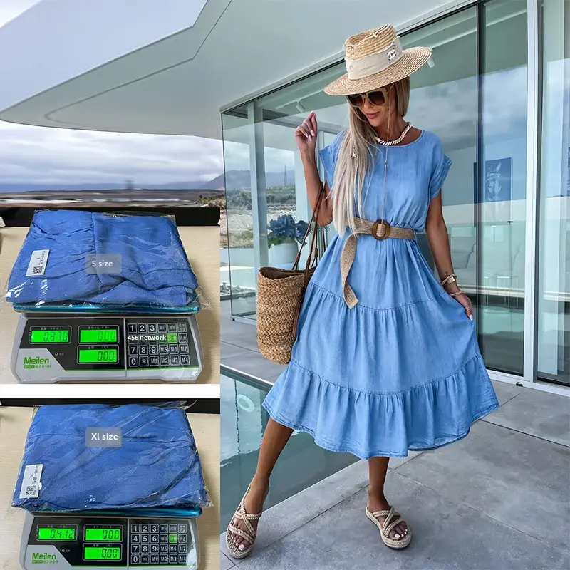 Blue Waist-Cinching Round Neck Dress for Women 2026 Spring Summer - Image 4