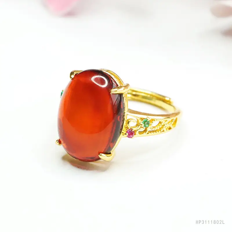 Guan Yu Natural Amber Cabochon Ring for Women - Image 3