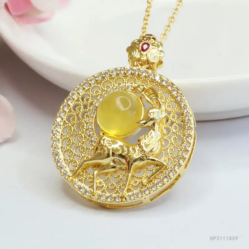 Natural Amber Deer Pendant Necklace Ethnic Gold - Image 5