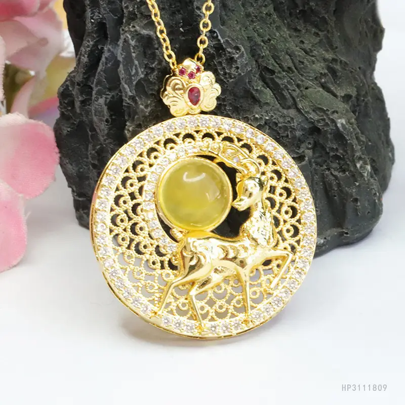 Natural Amber Deer Pendant Necklace Ethnic Gold - Image 6