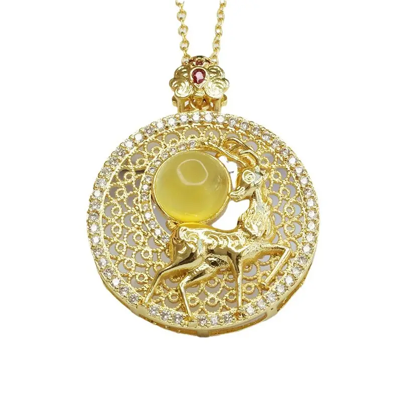 Natural Amber Deer Pendant Necklace Ethnic Gold - Image 7