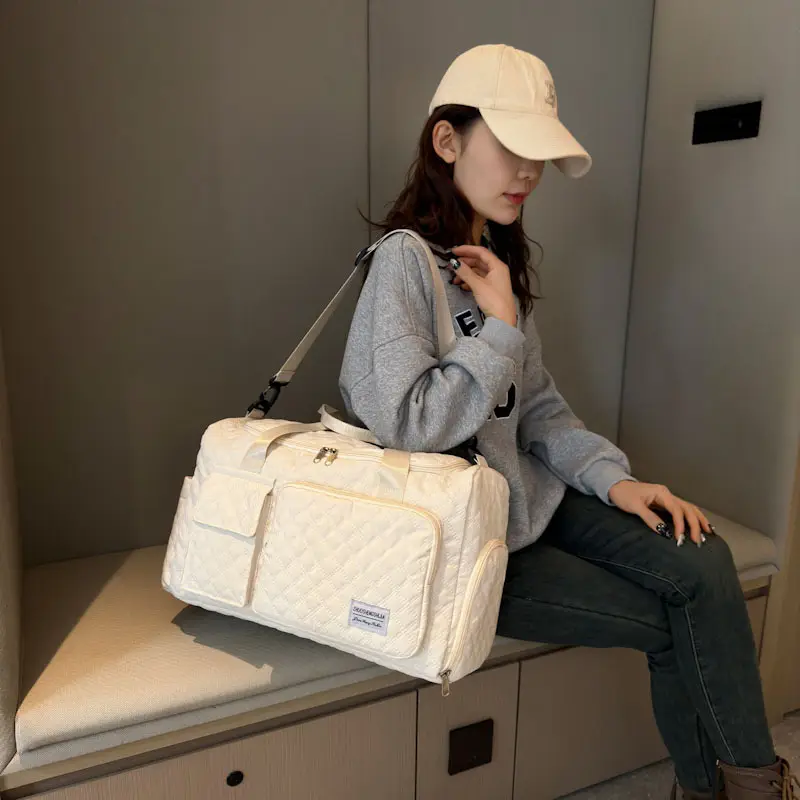 White Quilted Cross-Body Duffle Bag for Travel & Gym - Image 7