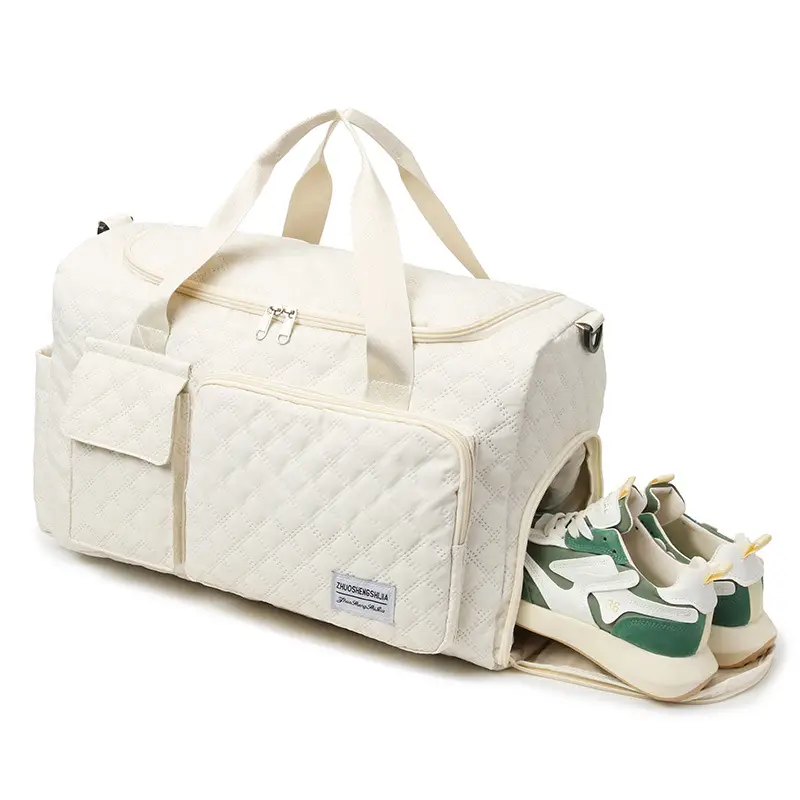 White Quilted Cross-Body Duffle Bag for Travel & Gym - Image 9