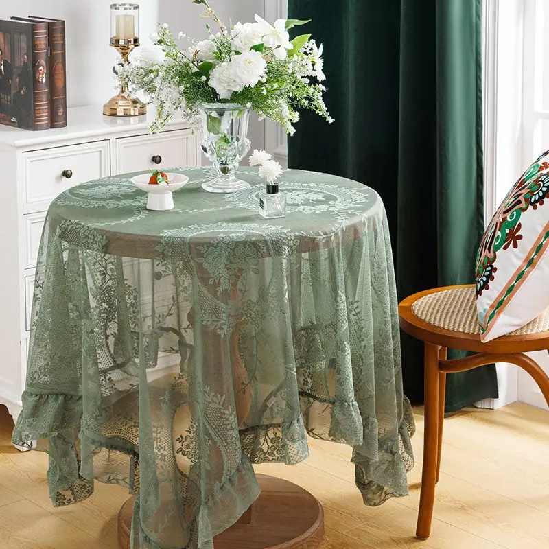 Ruffled high-grade green hollow lace tablecloth round mirror ruffled small fresh lace tablecloth - Image 21
