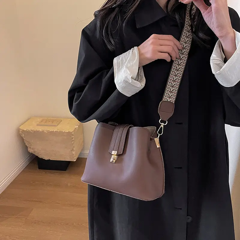 Korean Style Brown Bucket Bag with Wide Strap - Image 6
