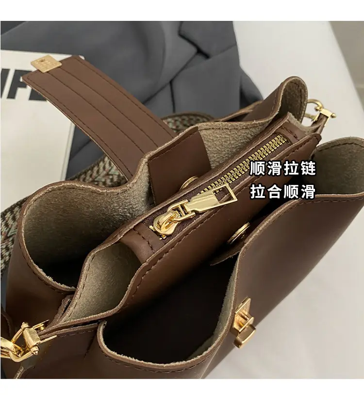 Korean Style Brown Bucket Bag with Wide Strap — feature 14