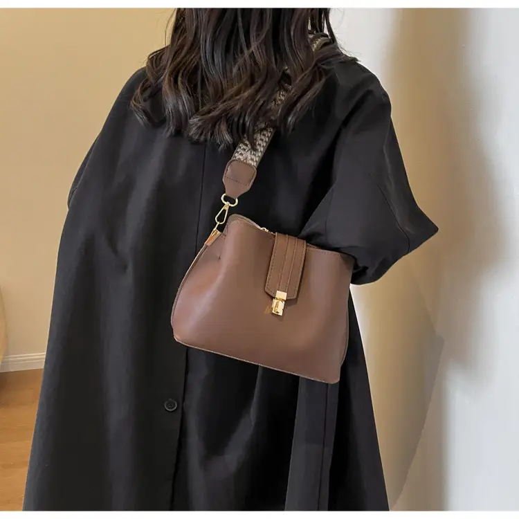 Korean Style Brown Bucket Bag with Wide Strap — feature 19