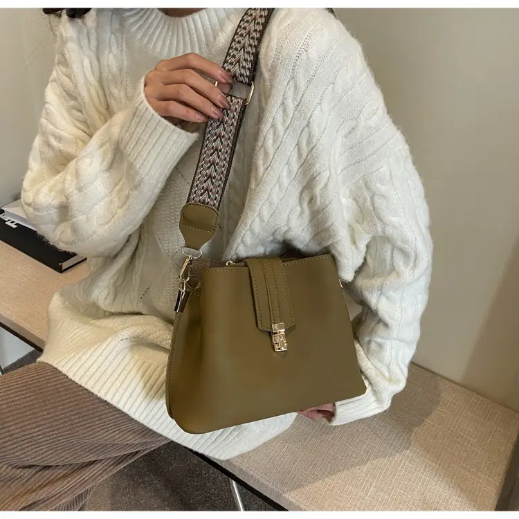 Korean Style Brown Bucket Bag with Wide Strap — feature 21