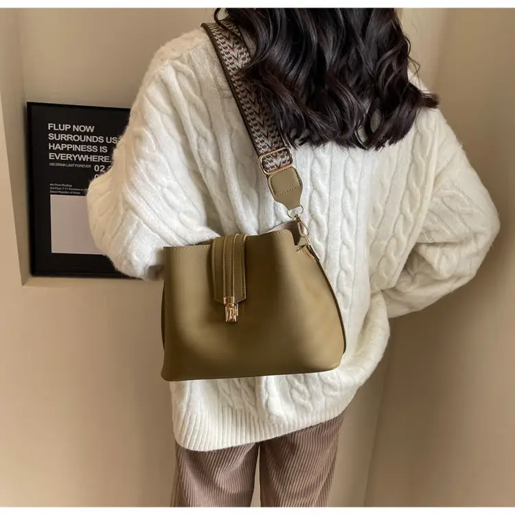 Korean Style Brown Bucket Bag with Wide Strap — feature 22