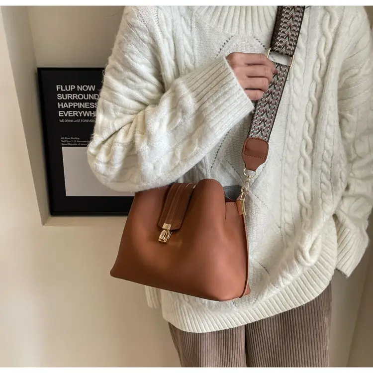 Korean Style Brown Bucket Bag with Wide Strap — feature 26