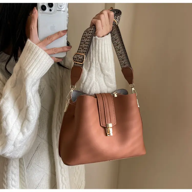 Korean Style Brown Bucket Bag with Wide Strap — feature 27