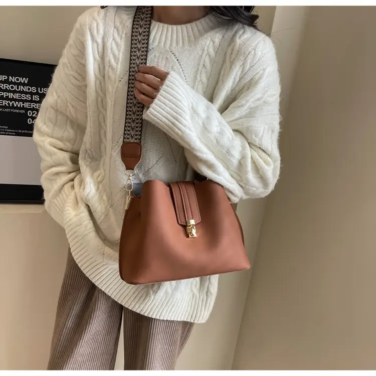 Korean Style Brown Bucket Bag with Wide Strap — feature 28