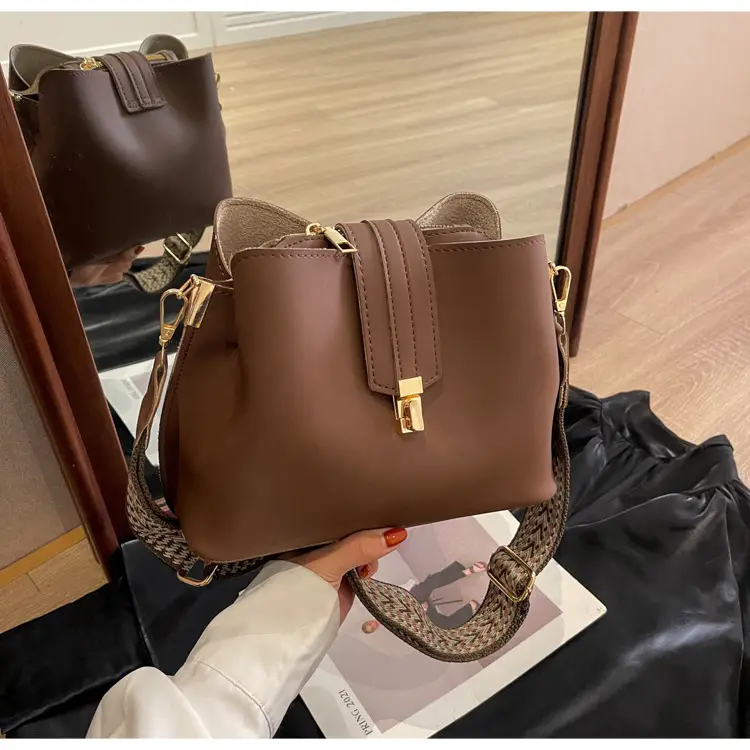 Korean Style Brown Bucket Bag with Wide Strap — feature 29