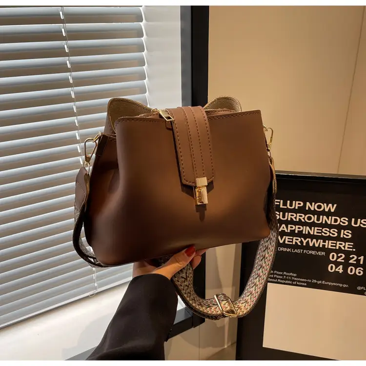 Korean Style Brown Bucket Bag with Wide Strap — feature 30