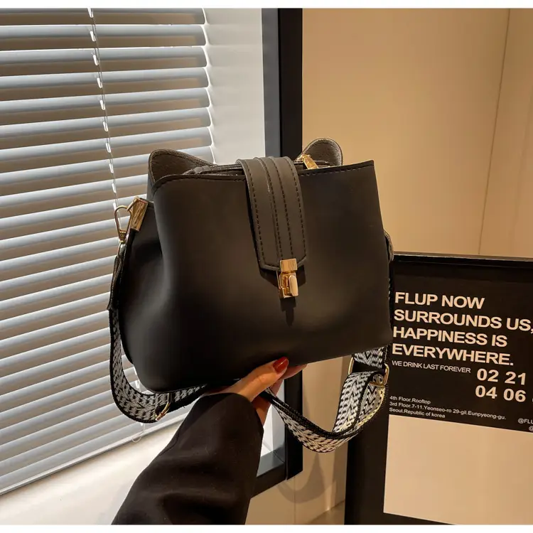 Korean Style Brown Bucket Bag with Wide Strap — feature 39