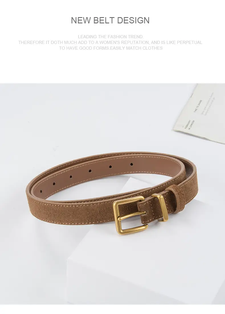 Women's Anti-Velvet Belt Cowhide Brown Gold Buckle — feature 12