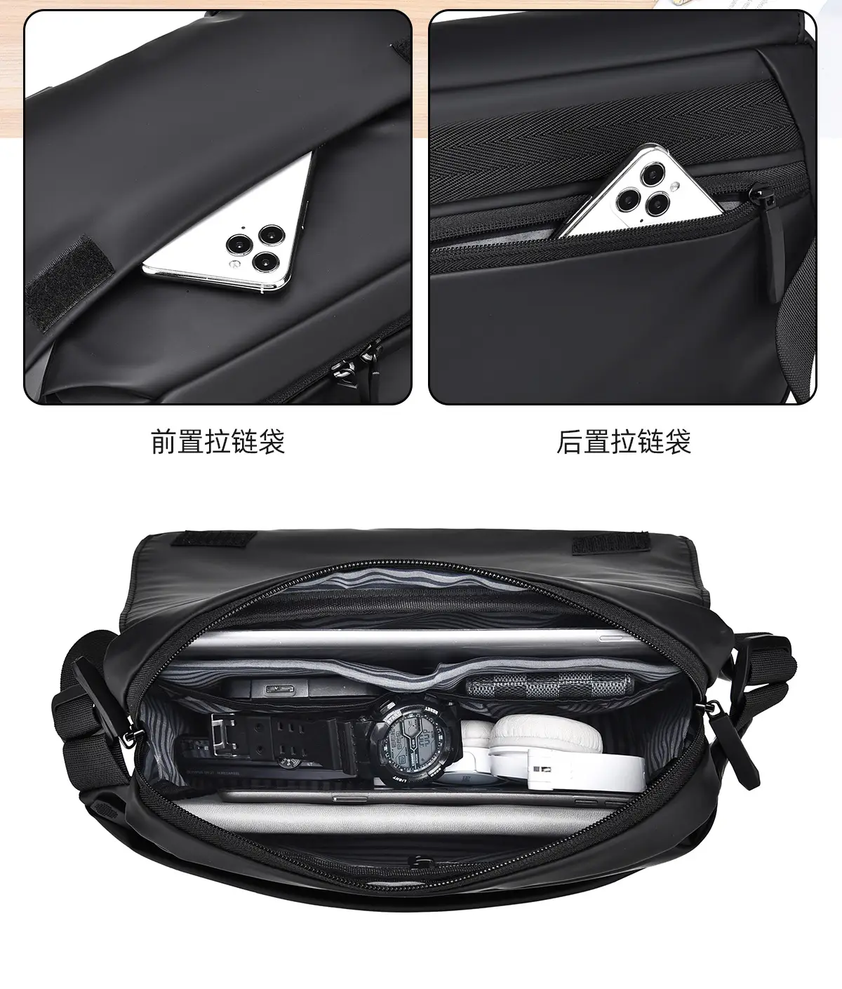 Men's Water-Resistant Crossbody Bag Black — feature 9