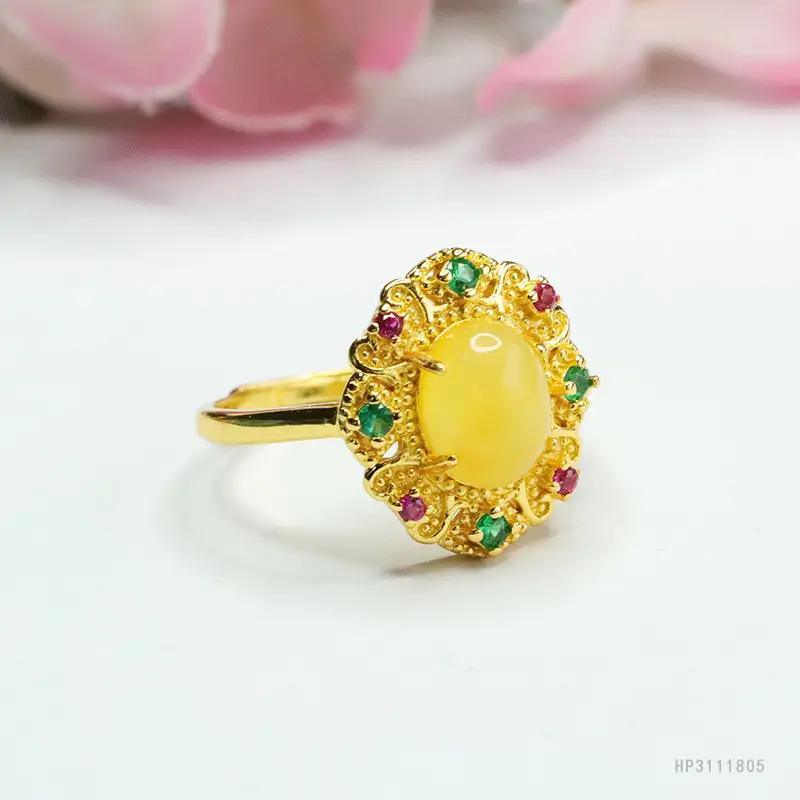 Guan Yu Natural Amber Ring Honey Wax Finger Ring Court Style Jewelry - Image 3