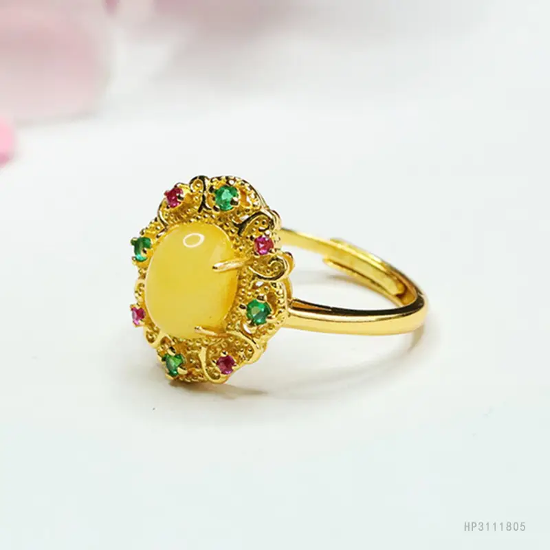 Guan Yu Natural Amber Ring Honey Wax Finger Ring Court Style Jewelry - Image 4