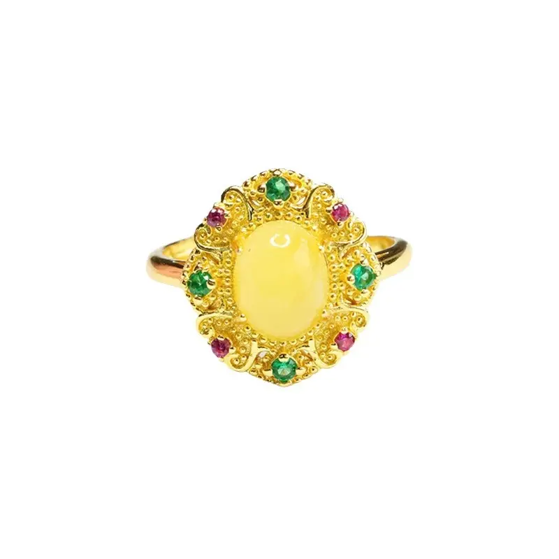 Guan Yu Natural Amber Ring Honey Wax Finger Ring Court Style Jewelry - Image 6