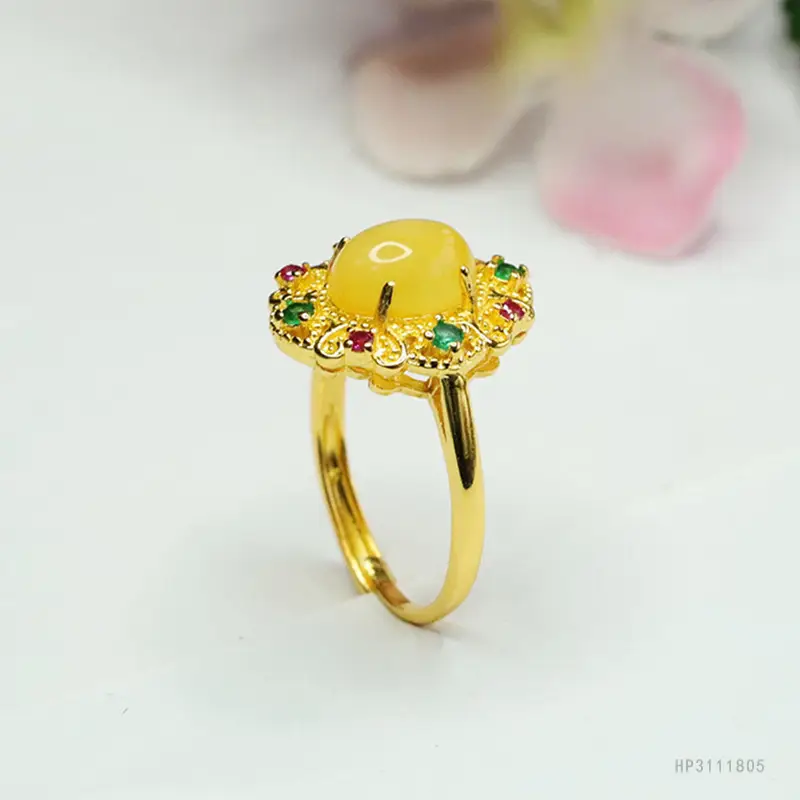 Guan Yu Natural Amber Ring Honey Wax Finger Ring Court Style Jewelry — feature 9