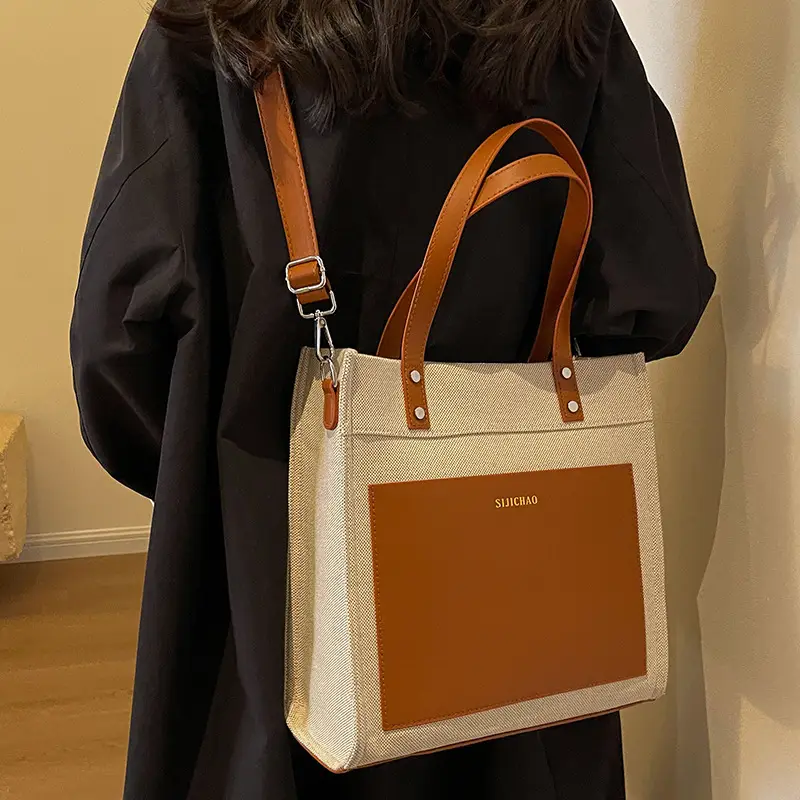 Korean Style Canvas Tote Bag Beige Black Large Capacity - Image 5