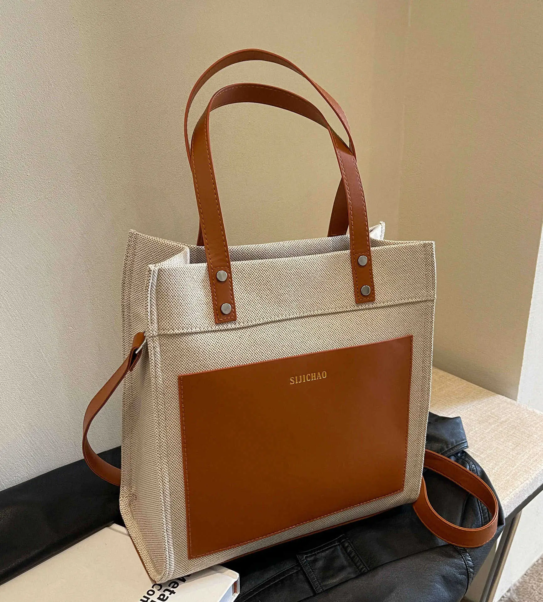 Korean Style Canvas Tote Bag Beige Black Large Capacity - Image 7